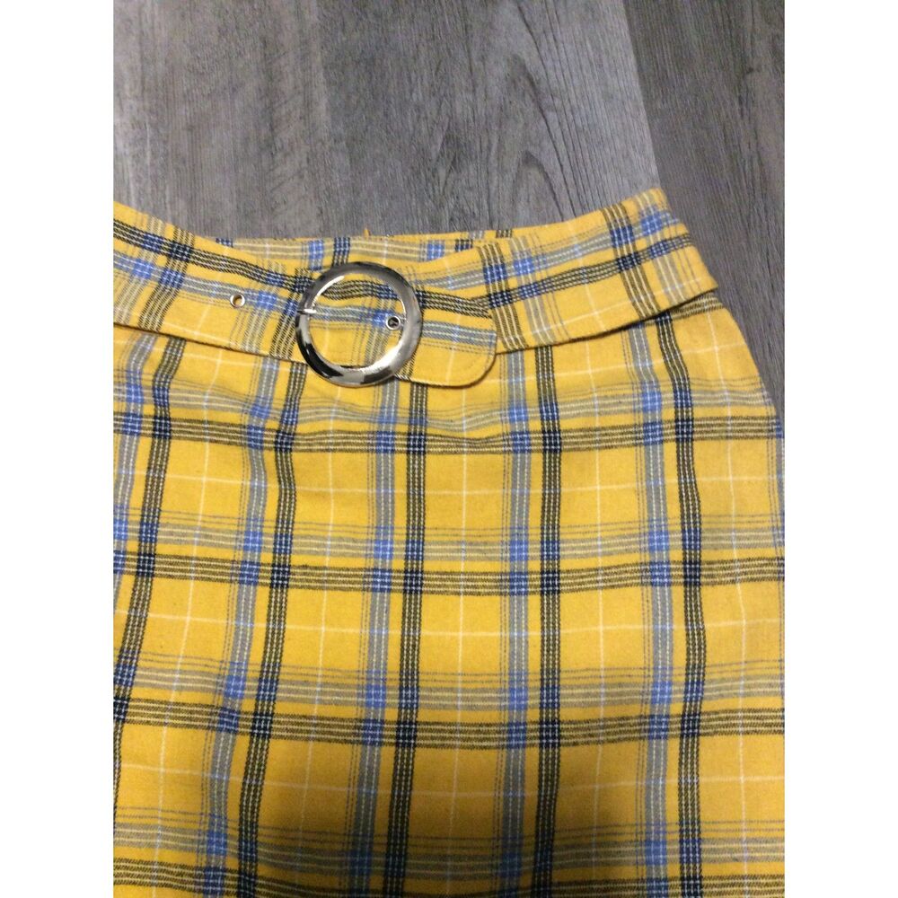 Sans Souci Mustard Navy Plaid Belted Skirt Mini Preppy Boho Retro Y2K Mod